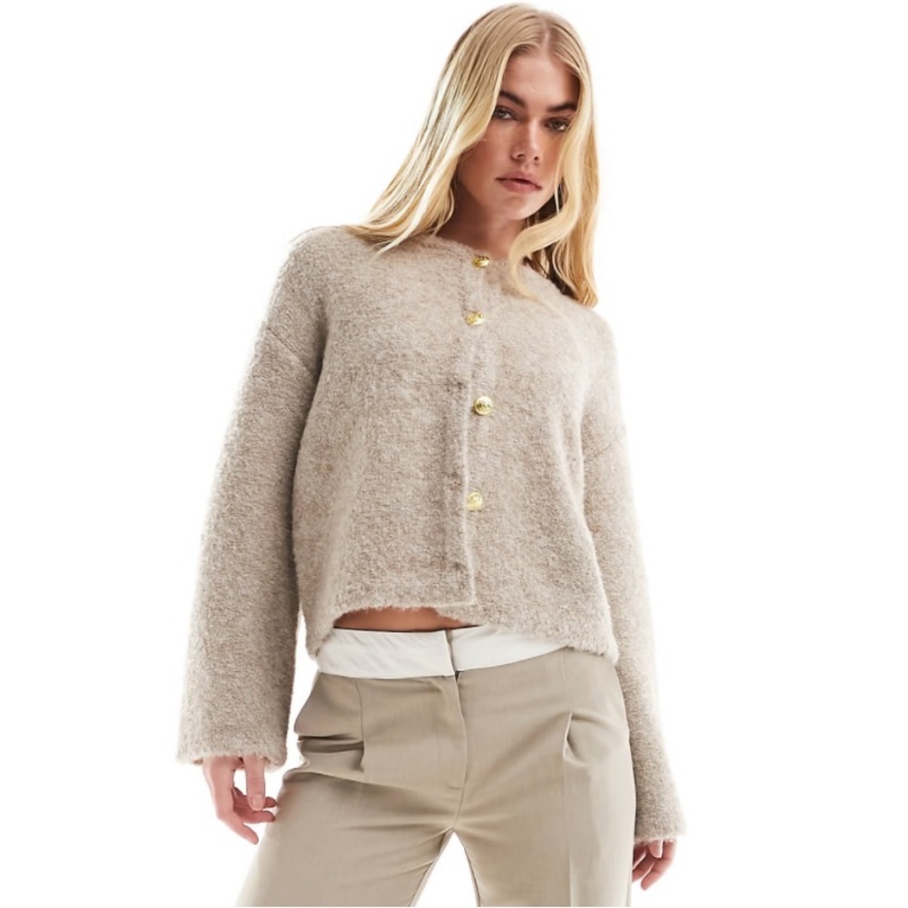 4th & Reckless gold button flare sleeve cardigan in taupe